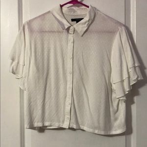 White Cropped Ruffle Sleeve Button Up